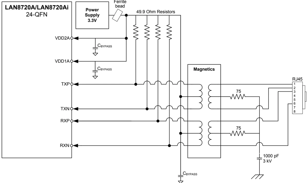 FIGURE 3-18: TWISTED-PAIR INTERFACE DIAGRAM (SINGLE POWER SUPPLY)